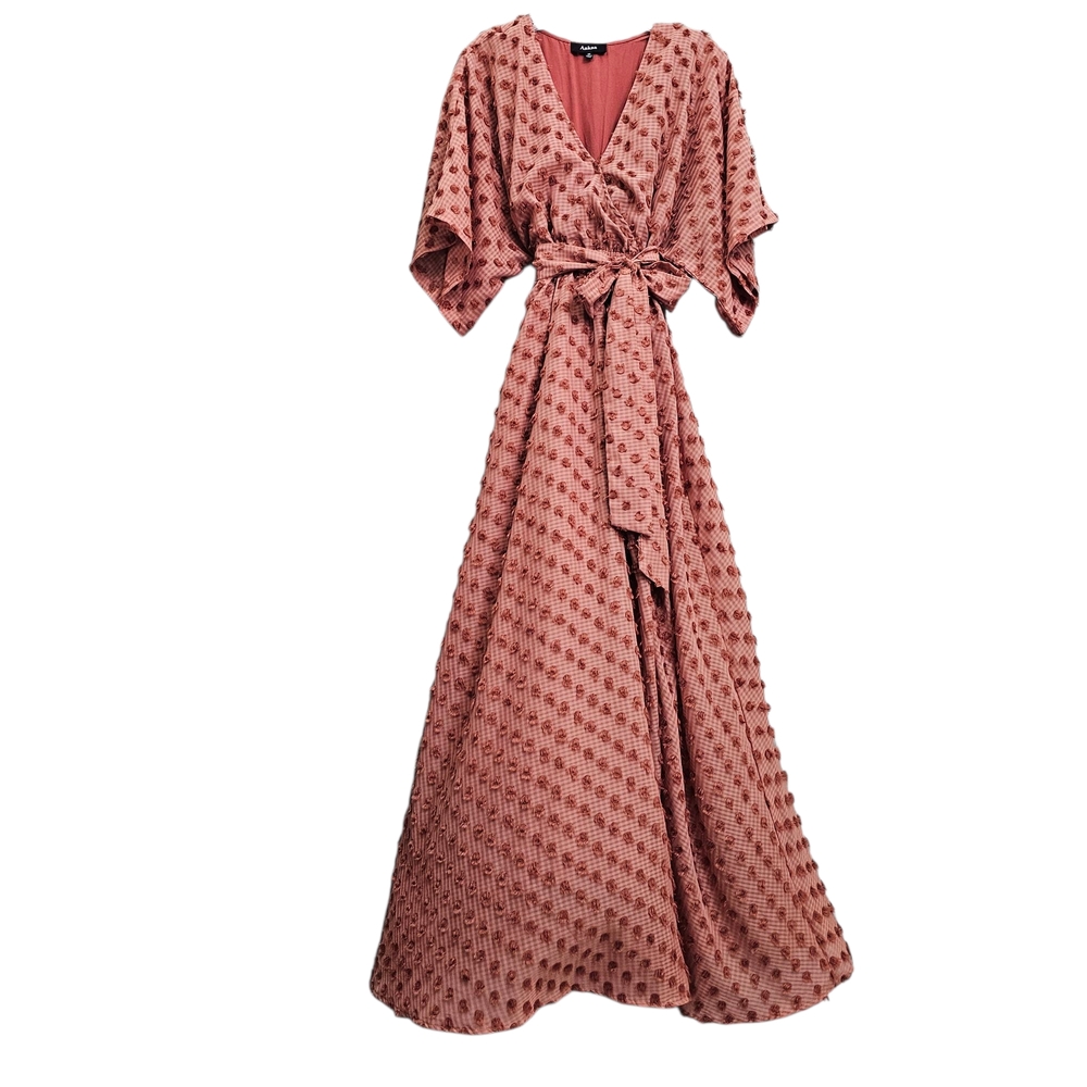 Nwot Aakaa Rust Textured Gingham Kimona Style Sleeves Front Slit Maxidresd